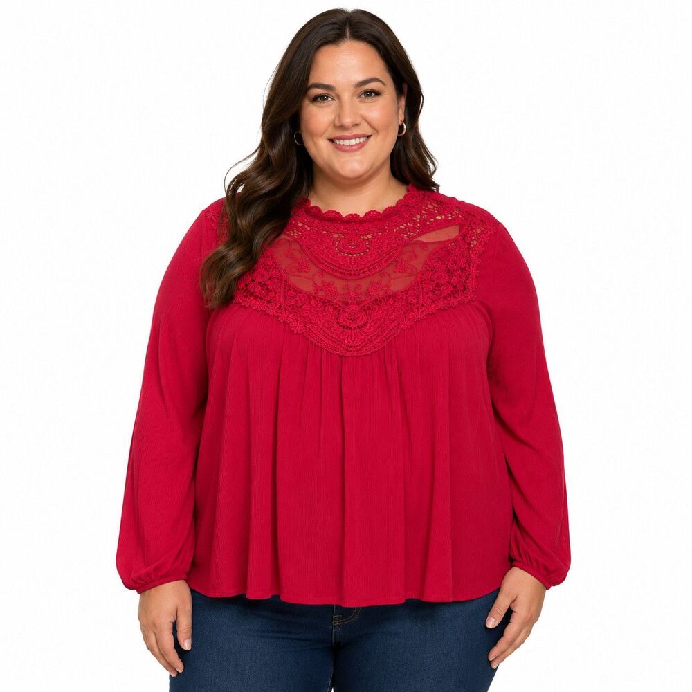 Torrid Tunic Blouse Womens 2 Plus Red Crochet High Neck Long Sleeve Sheer Top